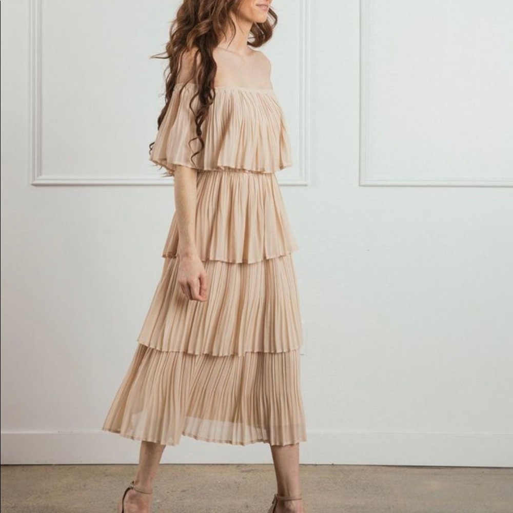 Vera Taupe Pleated Ruffle Dress